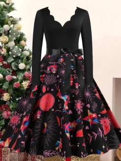 Women's Christmas Casual Dress Swing Dress Vintage Dress Midi Dress Black Wine Orange Long Sleeve Animal Bow Winter Fall Autumn V Neck 2022 S M L XL XXL 3XL -Fashion Life Shop kffpip1668072720830