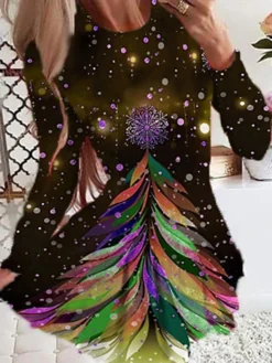 Women's Christmas Swing DressShort Mini Dress Green Brown Long Sleeve Print Snowflake Pleated Print Fall Winter Crew Neck Stylish Romantic 2022 S M L XL 2XL 3XL 4XL 5XL 6XL -Fashion Life Shop kfghsd1665661011770