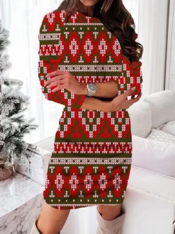 Women's Christmas Casual Dress Sheath Dress Mini Dress Green Red White Long Sleeve Elk Print Snowflake Patchwork Print Winter Fall Crew Neck Casual Classic Daily 2022 S M L XL 2XL 3XL 4XL 5XL 6XL