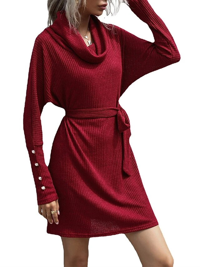 Women‘s Christmas Sweater Dress Jumper Dress Winter Dress Fashion Party Outdoor Christmas Street Crew Neck Long Sleeve Lace Up Ruched 2023 Loose Fit Black Wine S M L XL 3 Women‘s Christmas Sweater Dress Jumper Dress Winter Dress Fashion Party Outdoor Christmas Street Crew Neck Long Sleeve Lace Up Ruched 2023 Loose Fit Black Wine S M L XL - Image 3