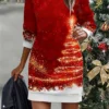 Women's Christmas Dress Casual Dress Mini Dress Warm Fashion Outdoor Christmas Vacation Crew Neck Print Christmas Tree Regular Fit Wine Red Gold S M L XL XXL