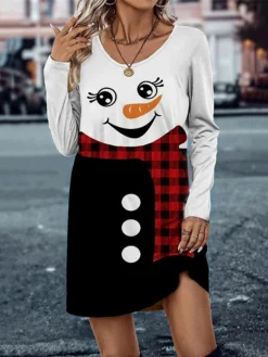 Women's Casual Dress Christmas Dress T Shirt Dress Tee Dress Snowman Christmas Tree Print V Neck Mini Dress Fashion Streetwear Outdoor Christmas Long Sleeve Loose Fit Black And White Black White Fall -Fashion Life Shop kgdiss1694424013688
