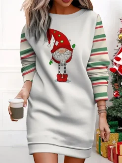 Women's Christmas Casual Dress Sweatshirt Dress Mini Dress Warm Fashion OutdoorVacation Crew Neck Print Santa Claushat Loose Fit ArmyGreen Black White S M L XL XXL -Fashion Life Shop kgkrhp1695365437890