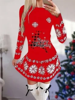 Women's Christmas Casual Dress Shift DressShort Mini Dress Black Blue Red Long Sleeve Animal Snowflake Print Fall Winter Crew Neck Fashion Casual Loose Fit 2022 S M L XL XXL 3XL
