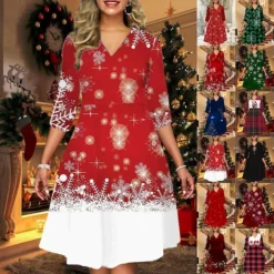 Women's Christmas Print Dress Wine Light Red Dark Green Red Black Long Sleeve Elk SnowmanTree Print Winter Autumn V Neck Fashion CasualFall Dress Loose Fit 2022 S M L XL 2XL 3XL 4XL 5XL