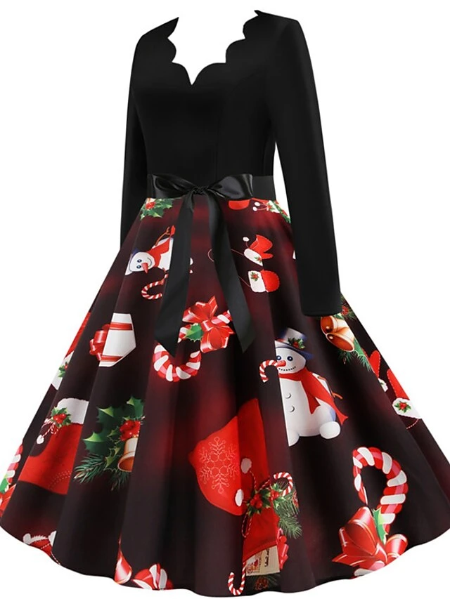 Women's Christmas Knee Length Dress Wine Green Orange Black Red Brown Navy Blue Long Sleeve Print Bow Print Fall Winter V Neck Casual Vintage2021 S M L XL XXL 3XL 14 Women's Christmas Knee Length Dress Wine Green Orange Black Red Brown Navy Blue Long Sleeve Print Bow Print Fall Winter V Neck Casual Vintage2021 S M L XL XXL 3XL - Image 14