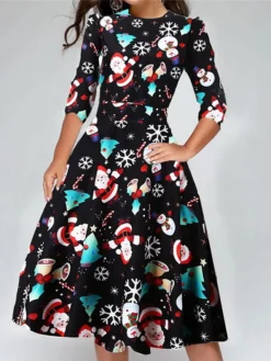 Women's Christmas Knee Length Dress Blue Orange Red Light Green Light Blue 3/4 Length Sleeve Floral Snowflake Animal Print Fall Winter Crew Neck Casual 2021 S M L XL XXL -Fashion Life Shop khmiuv1637745132871