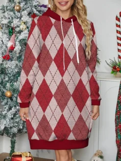 Women's Casual Dress Hoodie Dress Mini Dress Warm Fashion Outdoor Christmas Holiday Hoodie Print Geometric Loose Fit Red S M L XL XXL
