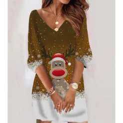 Women‘s Christmas Sweatshirt Dress Winter Dress Short Mini Dress Black 3/4 Length Sleeve Hat Print Fall Winter V Neck Vacation Casual 2022 S M L XL XXL 3XL -Fashion Life Shop khwiui1666786442166