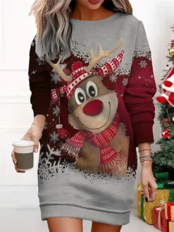 Women's Christmas Casual Dress Sweatshirt Dress Mini Dress Warm Fashion Outdoor Vacation Crew Neck Print Geometric Christmas Tree Christmas Hat Loose Fit ArmyGreen Black Wine S M L XL XXL