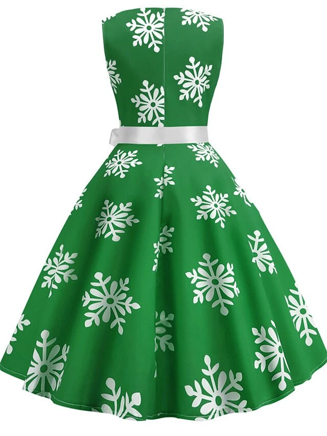 Women's Christmas Knee Length Dress Blue Green Red Sleeveless Print Bow Print Fall Winter Round Neck Casual Vintage2021 S M L XL XXL 3 Women's Christmas Knee Length Dress Blue Green Red Sleeveless Print Bow Print Fall Winter Round Neck Casual Vintage2021 S M L XL XXL - Image 3