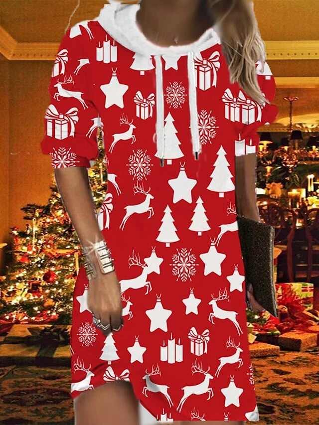 Women's Christmas Hoodie Dress Shift Dress Mini Dress Black Blue Wine Long Sleeve Plaid Print Fall Spring Hooded Fashion Christmas Daily Loose Fit 2022 S M L XL XXL 3XL 4 Women's Christmas Hoodie Dress Shift Dress Mini Dress Black Blue Wine Long Sleeve Plaid Print Fall Spring Hooded Fashion Christmas Daily Loose Fit 2022 S M L XL XXL 3XL - Image 4