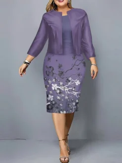 Women's Christmas Plus Size Curve Casual Dress Dress Set Two Piece Dress Floral Midi Dress Long Sleeve Print Crew Neck Fashion Outdoor Blue Purple Fall Winter L XL XXL 3XL 4XL -Fashion Life Shop kjsveo1697170737001