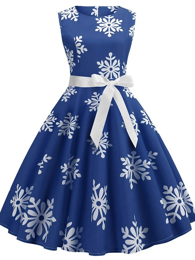 Women's Christmas Knee Length Dress Blue Green Red Sleeveless Print Bow Print Fall Winter Round Neck Casual Vintage2021 S M L XL XXL 7 Women's Christmas Knee Length Dress Blue Green Red Sleeveless Print Bow Print Fall Winter Round Neck Casual Vintage2021 S M L XL XXL - Image 7
