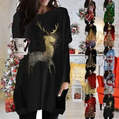 Women's Christmas T Shirt Dress Tee Dress Shift Dress Black Long Sleeve Animal Pocket Print Winter Fall V Neck Basic Casual Fall Dress Loose Fit S M L XL XXL 3XL / Winter Dress