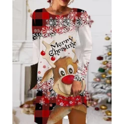 Women's Christmas Casual Dress T Shirt Dress Tee Dress Mini Dress Black Blue Red Long Sleeve Tree Snowflake Pocket Print Winter Fall Crew Neck Vacation Casual 2022 S M L XL XXL 3XL -Fashion Life Shop kknpda1668238085971