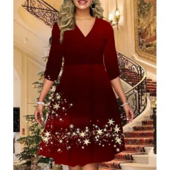 Women's Christmas Print Dress Wine Light Red Dark Green Red Black Long Sleeve Elk SnowmanTree Print Winter Autumn V Neck Fashion CasualFall Dress Loose Fit 2022 S M L XL 2XL 3XL 4XL 5XL -Fashion Life Shop klrcjt1668427184736
