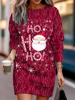 Women's Christmas Casual Dress Sweatshirt Dress Mini Dress Warm Fashion Outdoor Vacation Crew Neck Print Santa Claus Christmas Tree Print Loose Fit Wine Red Burgundy S M L XL XXL