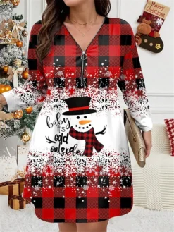 Women's Plus Size Curve Christmas Dress Casual Dress Winter Dress Plaid Snowman Mini Dress Long Sleeve Print V Neck Fashion Outdoor Yellow Wine Fall Winter L XL 2XL 3XL 4XL
