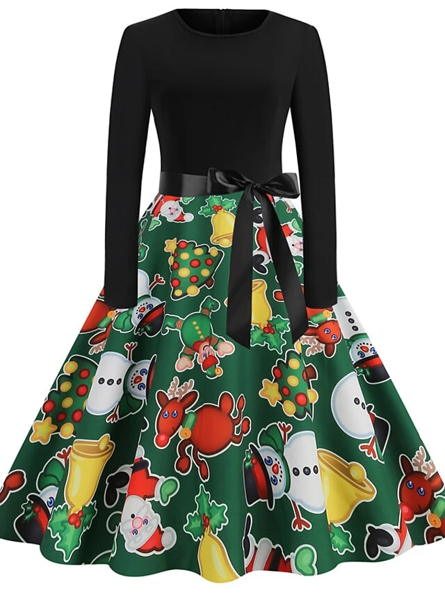 Women's Christmas Casual Dress Swing Dress Midi Dress Green Light Green Red Long Sleeve Santa Claus Elk Snowman Bow Print Winter Fall V Neck Vacation Vintage 2022 S M L XL XXL 3XL 4 Women's Christmas Casual Dress Swing Dress Midi Dress Green Light Green Red Long Sleeve Santa Claus Elk Snowman Bow Print Winter Fall V Neck Vacation Vintage 2022 S M L XL XXL 3XL - Image 4