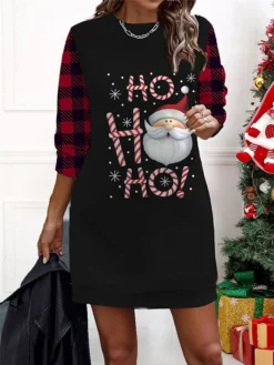 Women‘s Christmas Casual Dress Sweatshirt Dress Mini Dress Warm Fashion Outdoor Holiday Crew Neck Print Geometric Santa Claus Loose Fit Black Red Burgundy S M L XL XXL -Fashion Life Shop kpcios1694596718846