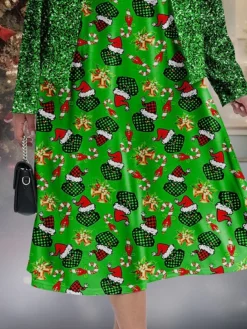 Women's Christmas Plus Size Curve Christmas Dress Party Dress Sequin Dress Graphic Midi Dress Long Sleeve Print Crew Neck Fashion Outdoor Green Fall Winter L XL XXL 3XL 4XL -Fashion Life Shop kprryj1697613936309