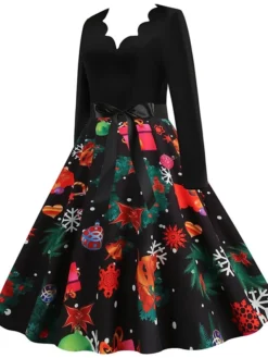 Women's Christmas Casual Dress Swing Dress Vintage Dress Midi Dress Black Wine Orange Long Sleeve Animal Bow Winter Fall Autumn V Neck 2022 S M L XL XXL 3XL -Fashion Life Shop kqafnz1666853155313