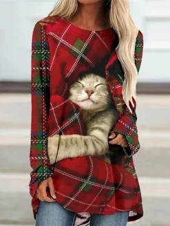 Women's Casual Dress T Shirt Dress Tee Dress Shift Dress Mini Dress Wine Long Sleeve Animal Print Winter Fall Spring Crew Neck Fashion Christmas Daily 2022 S M L XL XXL 3XL