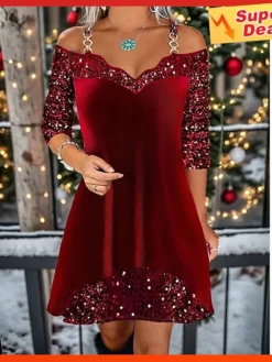 Women's Christmas Dress Velvet Dress Casual Dress Mini Dress Sequins Cold Shoulder Christmas Street Daily Fashion Streetwear V Neck Long Sleeve 2023 Regular Fit Wine Gold Green Color S M L XL XXL Size