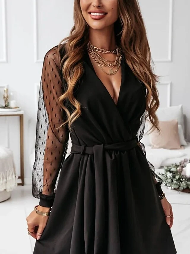Women's Lace Dress Black Dress Plain Dress Mini Dress Patchwork With Belt Party Christmas Date Basic Elegant V Neck Long Sleeve Mesh Regular Fit Black Red Dark Green Color S M L XL XXL Size 10 Women's Lace Dress Black Dress Plain Dress Mini Dress Patchwork With Belt Party Christmas Date Basic Elegant V Neck Long Sleeve Mesh Regular Fit Black Red Dark Green Color S M L XL XXL Size - Image 10