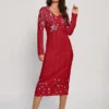 Women's Christmas Dress Sweater Dress Jumper Dress Midi Dress Warm Snowflake Outdoor Christmas Daily Holiday V Neck Long Sleeve 2023 Regular Fit Red Blue Rose Red S M L XL XXL 3XL