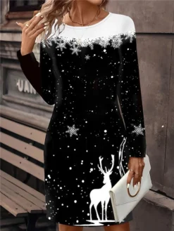 Women's Christmas Dress Casual Dress Mini Dress Active Fashion Outdoor Christmas Holiday Crew Neck Print Christmas Tree Snowflake Loose Fit Black White Blue S M L XL XXL -Fashion Life Shop ktguks1697108602941