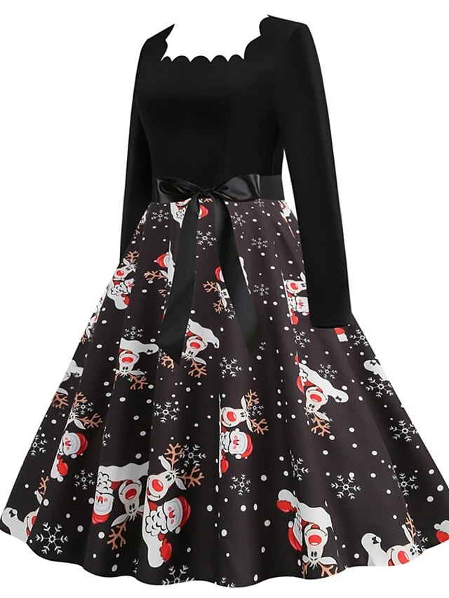 Women's Christmas Vintage Dress Midi Dress Black And White Green Black Long Sleeve Santa Claus Bow Winter Fall Autumn Square Neck Stylish Christmas Vacation 2022 S M L XL XXL 3XL 3 Women's Christmas Vintage Dress Midi Dress Black And White Green Black Long Sleeve Santa Claus Bow Winter Fall Autumn Square Neck Stylish Christmas Vacation 2022 S M L XL XXL 3XL - Image 3