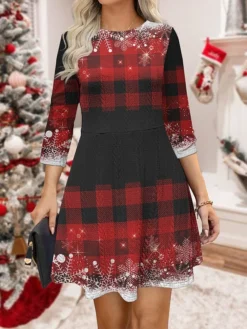 Women‘s Christmas Sweater Dress Jumper Dress Winter Dress Warm Plaid Snowflake Outdoor Christmas Daily Holiday Crew Neck Long Sleeve 2023 Regular Fit Wine Purple Green S M L XL XXL 3XL -Fashion Life Shop ktkuir1695620952002