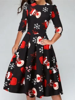 Women's Christmas Knee Length Dress Blue Orange Red Light Green Light Blue 3/4 Length Sleeve Floral Snowflake Animal Print Fall Winter Crew Neck Casual 2021 S M L XL XXL -Fashion Life Shop ktycmf1637745131885