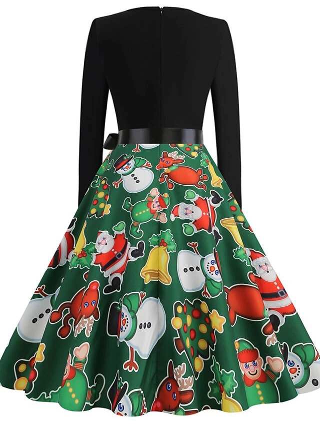 Women's Christmas Casual Dress Swing Dress Midi Dress Green Light Green Red Long Sleeve Santa Claus Elk Snowman Bow Print Winter Fall V Neck Vacation Vintage 2022 S M L XL XXL 3XL 6 Women's Christmas Casual Dress Swing Dress Midi Dress Green Light Green Red Long Sleeve Santa Claus Elk Snowman Bow Print Winter Fall V Neck Vacation Vintage 2022 S M L XL XXL 3XL - Image 6