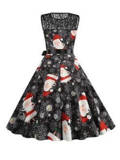 Women‘s Christmas Retro 1950s Vintage Dress Midi Dress Party Patchwork Bow Santa Claus Crew Neck Sleeveless Regular Fit Fall Winter 2023 Black White S M L XL -Fashion Life Shop kuehhf1694501419334