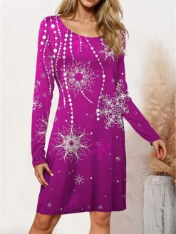 Women's Casual Dress Christmas Dress Winter Dress Snowflake Print V Neck Mini Dress Fashion Streetwear Outdoor Christmas Long Sleeve Loose Fit Black Wine Blue Fall Winter S M L XL XXL -Fashion Life Shop kueqny1696837921924
