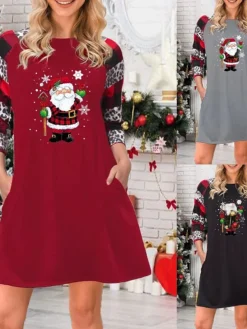 Women's Christmas Casual Dress T Shirt Dress Tee DressShort Mini Dress Wine Grey Black Long Sleeve Santa Claus Snowflake Pocket Print Fall Winter Crew Neck Casual Modern 2022 S M L XL 2XL 3XL 4XL