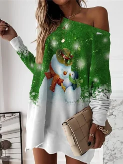 Women‘s Christmas Casual Dress Sweatshirt Dress Mini Dress Warm Fashion Outdoor Holiday Crew Neck Print Santa Claus Snowman Loose Fit Black White Blue S M L XL XXL -Fashion Life Shop kuuxlj1694502595003