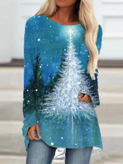 Women's Christmas Casual Dress T Shirt Dress Tee Dress Mini Dress Blue Long Sleeve Tree Print Winter Fall Crew Neck Vacation Casual 2022 S M L XL XXL 3XL