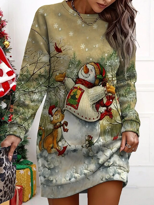 Women's Christmas Casual Dress Sweatshirt Dress Mini Dress Warm Fashion OutdoorVacation Crew Neck Print Snowman Loose Fit Yellow Wine Navy Blue S M L XL XXL 2 Women's Christmas Casual Dress Sweatshirt Dress Mini Dress Warm Fashion OutdoorVacation Crew Neck Print Snowman Loose Fit Yellow Wine Navy Blue S M L XL XXL - Image 2
