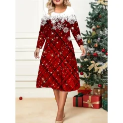 Women's Christmas Plus Size Curve Casual Dress Skater Dress A Line Dress Plaid Snowflake Midi Dress Long Sleeve Print Crew Neck Fashion Outdoor White Wine Fall Winter L XL XXL 3XL 4XL