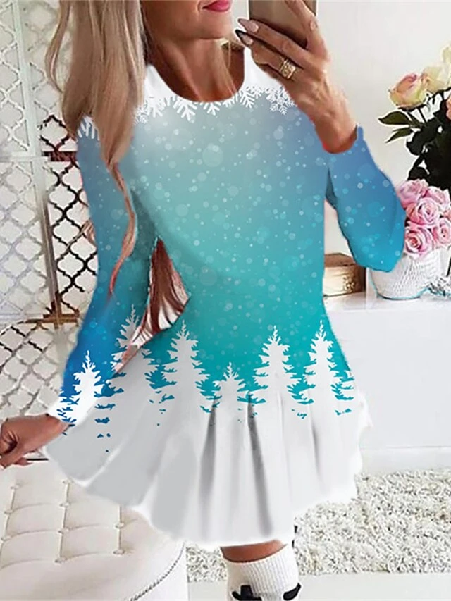 Women's Christmas Swing DressShort Mini Dress Wine Light Red Dark Blue Red Light Blue Long Sleeve Plaid Letter Snowman Print Fall Winter Crew Neck Stylish Romantic 2022 S M L XL 2XL 5 Women's Christmas Swing DressShort Mini Dress Wine Light Red Dark Blue Red Light Blue Long Sleeve Plaid Letter Snowman Print Fall Winter Crew Neck Stylish Romantic 2022 S M L XL 2XL - Image 5