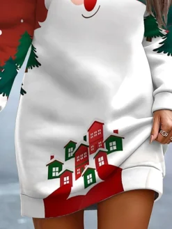 Women's Casual Dress Sweatshirt Dress Mini Dress Warm Fashion Outdoor Christmas Vacation Crew Neck Print Santa Claus Regular Fit White S M L XL XXL -Fashion Life Shop kwmxzu1696733496415