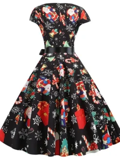 Women's Christmas Knee Length Dress Purple Wine Gray White Black Red Light Green Short Sleeve Print Bow Print Fall Winter Round Neck Casual Vintage2021 S M L XL XXL -Fashion Life Shop kxbgyv1630046097169