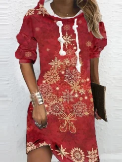 Women's Christmas Hoodie Dress Shift Dress Mini Dress Blue Wine White Long Sleeve Cat Snowman Snowflake Print Winter Fall Hooded Vacation Casual 2022 S M L XL XXL 3XL