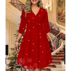 Women's Christmas Print Dress Wine Light Red Dark Green Red Black Long Sleeve Elk SnowmanTree Print Winter Autumn V Neck Fashion CasualFall Dress Loose Fit 2022 S M L XL 2XL 3XL 4XL 5XL -Fashion Life Shop kyfjao1668427183744