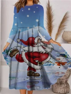 Women's Christmas Casual Dress Swing Dress Midi Dress Black Blue Wine Long Sleeve Snowman Pocket Winter Fall Autumn Fashion Christmas Daily 2022 S M L XL XXL 3XL -Fashion Life Shop kysxrc1667815878966