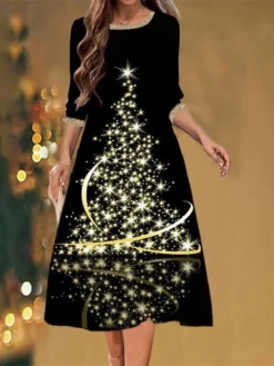 Women's Christmas Casual Dress Shift Dress Midi Dress Black 3/4 Length Sleeve Christmas Tree Ruched Winter Fall Autumn Fashion Christmas Daily 2022 S M L XL XXL 3XL